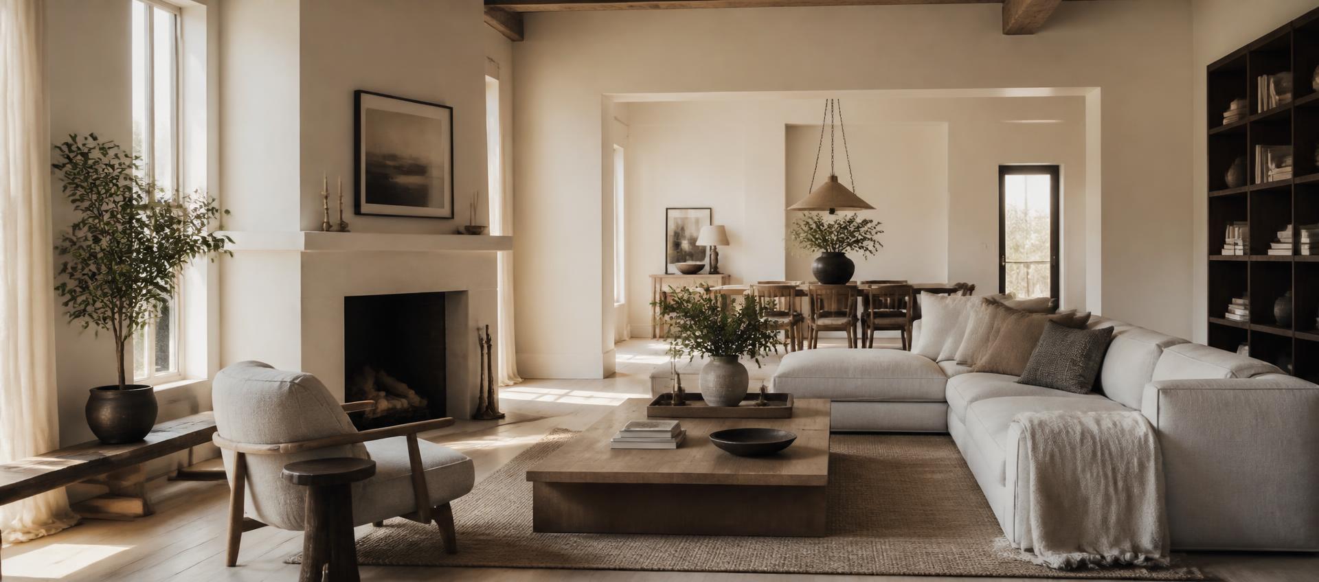 Serene modern farmhouse living room with white oak floors, plaster walls and soft afternoon light