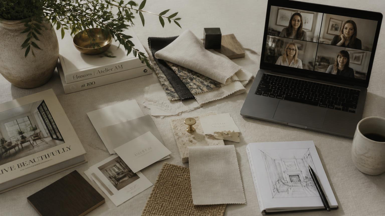 Mood board with fabric swatches, paint cards and a laptop on a video design call