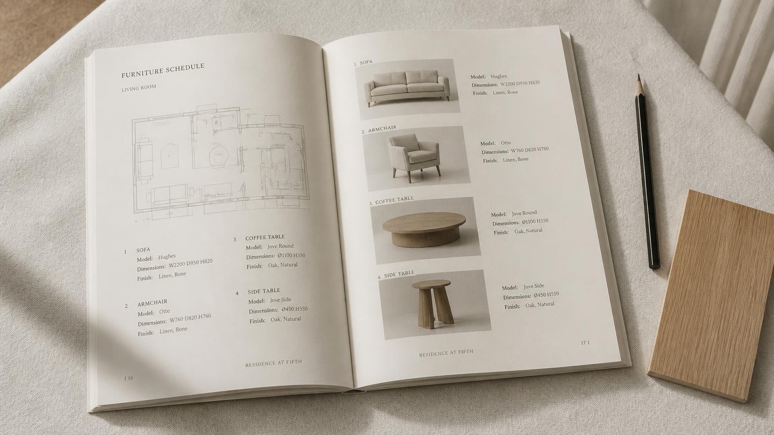 Printed design plan open to a furniture schedule page with an oak sample